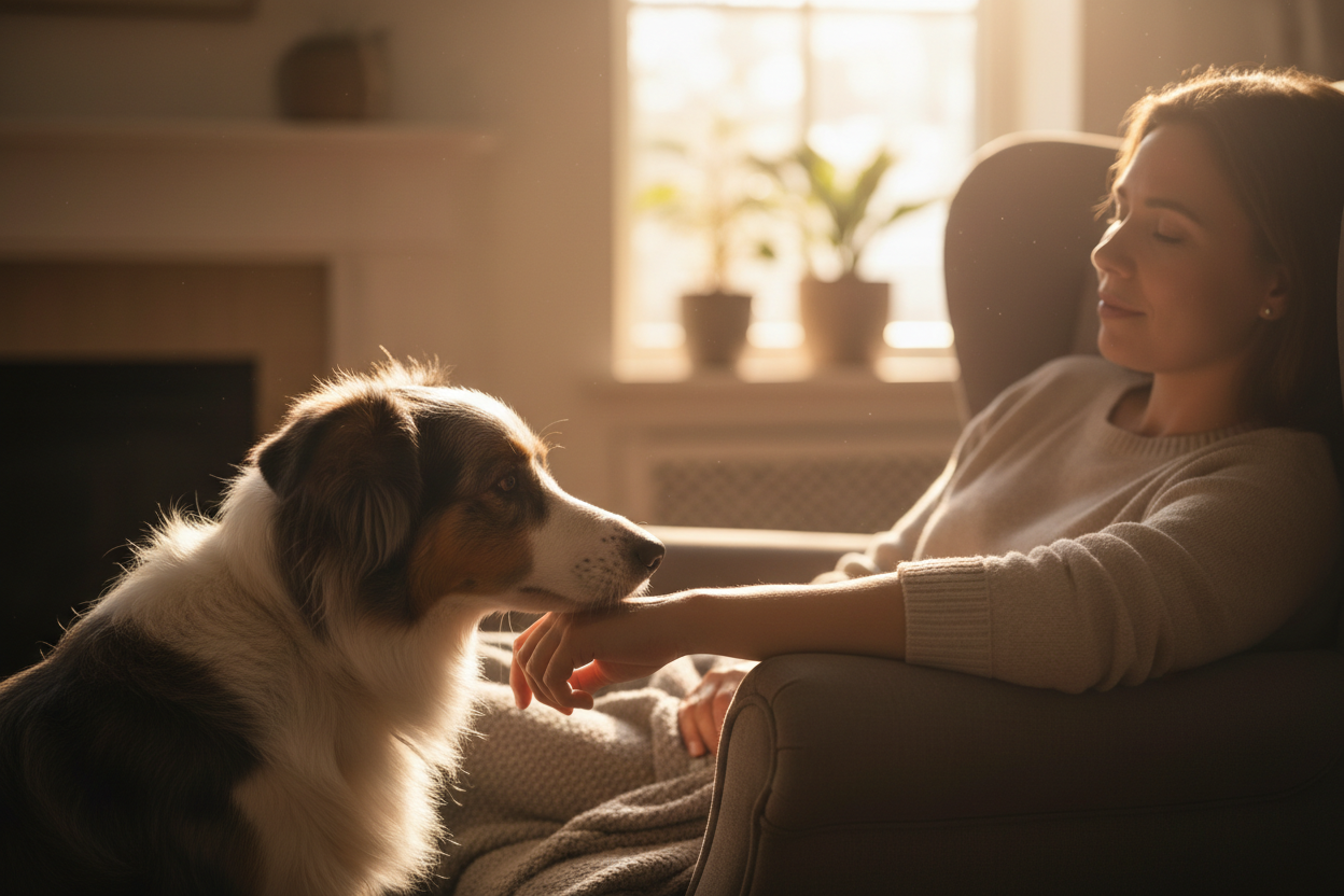 can you change the dog breed to be something else and make the woman not look as sad